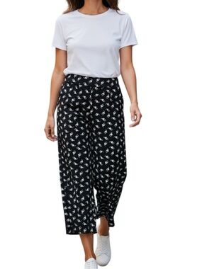 Minueto Wide-Leg Cropped Pants in Black/White with Cat Print Size L